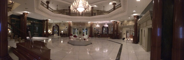 Snazzy lobby with chandelier